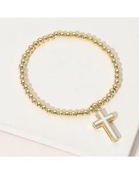 Fashnzfab - Stainless Steel Ball Mother Of Pearl Cross Charm Beaded Stretch Bracelet, Mother Of Pearl - Lyst