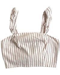 Aqua - Striped Cotton Blend Ruffle Crop Top - Lyst