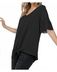 shop basic - Laser Cut Short Sleeve V Neck Top With Tie - Lyst