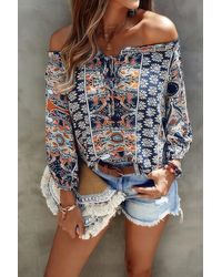 TRUEDAMES - Boho Print Off Shoulder Long Sleeve Knot Front Blouse - Lyst