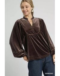 TRUEDAMES - Velvet Long Sleeve Blouse With Contrast Trim - Lyst