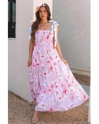 TRUEDAMES - Floral Print Knotted Shoulder Smocked Maxi Dress - Lyst