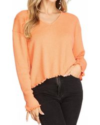 She + Sky - Long Sleeve Rib Knit Lettuce Hem V-Neck Top - Lyst