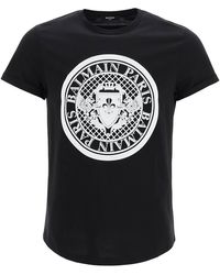 Balmain - Logo T-shirt With Flock Medallion Logo Vh1ef010b030 - Lyst