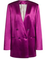 Alberta Ferretti - Double-Breasted Shiny Satin Jacket With Finish - Lyst