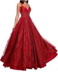 Rachel Allan - V-Neck Satin Prom Gown With Glitter Tulle - Lyst
