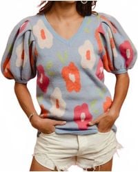 Bibi - Floral Pattern Puff Sleeves V-Neck Top - Lyst