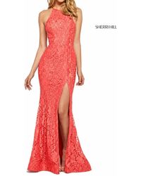 Sherri Hill - Stretch Lace High Slit Halter Gown Dress - Lyst