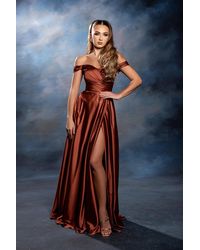 TRUEDAMES - Off Shoulder Satin Dress With High Slit Pockets & Corset Lace-Up Back - Lyst