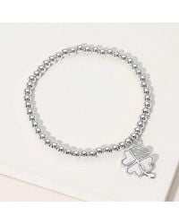 Fashnzfab - Stainless Steel Ball Stone Paved Mother Of Pearl Clover Charm Beaded Stretch Bracelet Mother Of Pearl - Lyst