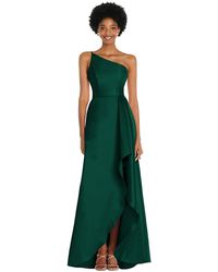 Alfred Sung - One-Shoulder Satin Gown With Draped Front Slit And Pockets - Lyst