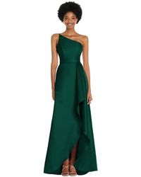 Alfred Sung - One-shoulder Satin Gown With Draped Front Slit And Pockets - Lyst