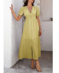 TRUEDAMES - Solid V Neck Puff Sleeves Solid Knot Detail Dress - Lyst