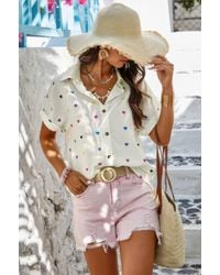 TRUEDAMES - Heart Print Button Down Short Sleeve Loose Shirt - Lyst