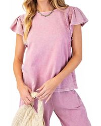 Easel - Washed Wing Sleeve Crochet Trim Top - Lyst