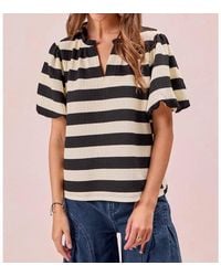 Bibi - Stripe Balloon Sleeve Ruffled V-Neck Top - Lyst