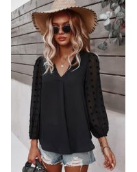 TRUEDAMES - Solid V Neck Lantern Sleeve Swiss Dot Shirt - Lyst
