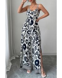 TRUEDAMES - Floral Print High Waist Split Wide Leg Fit Jumpsuit - Lyst