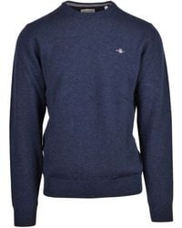 GANT - Crew Neck Wool Sweater With Embroidered Logo Detail - Lyst