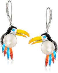 Ross-Simons - Multicolored Enamel And 8.5-9mm Cultured Pearl Toucan Drop Earrings With Black Diamond Accents - Lyst
