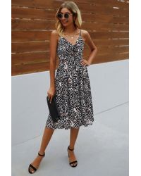 TRUEDAMES - Fashnzfab V Neck Spaghetti Strap Leopard Cut Out Midi Dress - Lyst