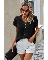 TRUEDAMES - Solid Button Trim V Neck Loose Fit Blouse - Lyst