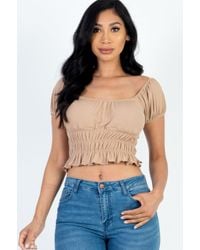 TRUEDAMES - Fashnzfab Casual Ruched Puff Sleeve Ribbed Knit Solid Top - Lyst