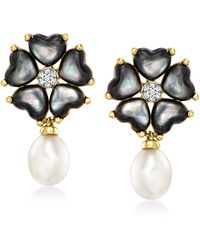 Ross-Simons - Black Mother-of-pearl And 6-6.5mm Cultured Pearl Flower Drop Earrings With Diamond Accents - Lyst