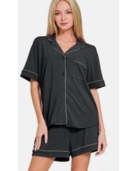 Zenana - Button Down Short Sleeve Top And Shorts Lounge Set - Lyst