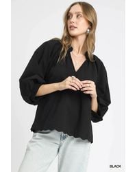 TRUEDAMES - Full Size Textured Notched Balloon Sleeve Blouse Plus Size - Lyst