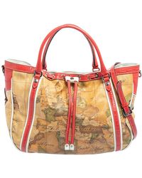 Alviero Martini 1A Classe - Tan Geo Print Coated Canvas And Leather Drawstring Shoulder Bag - Lyst