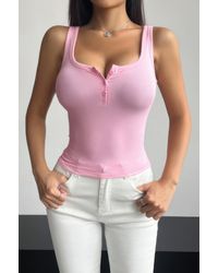 TRUEDAMES - Plain Quarter Button Square Neck Fit Tank - Lyst