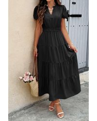 TRUEDAMES - Solid V Neck Color Block Elastic Waist Dress - Lyst