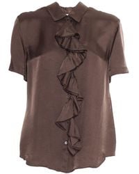 Aspesi - Short-Sleeved Blouse With Delicate Ruffle Detail And Lustrous Finish - Lyst