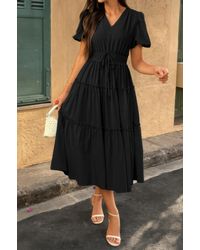 TRUEDAMES - Solid Color Block Puff Sleeve Elastic Waist Dress - Lyst
