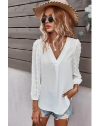 TRUEDAMES - Solid V Neck Lantern Sleeve Swiss Dot Shirt - Lyst