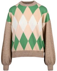 Ballantyne - Crew Neck Cashmere Pullover With Puff Sleeves And Argyle Pattern - Lyst