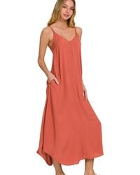 TRUEDAMES - Woven Arc Hem Cami Midi Dress With Flowy Pockets - Lyst