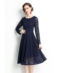 Kaimilan - Navy Evening Lace A-line Boatneck Long Sleeve Midi Classic Dress - Lyst