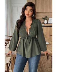 TRUEDAMES - Plus Size Solid V Neck Lace Patchwork Shirt - Lyst