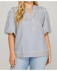 She + Sky - Bubble Sleeve Striped Woven Top - Lyst