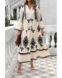 TRUEDAMES - V Neck Stand Collar Button Floral Splicing Dress - Lyst