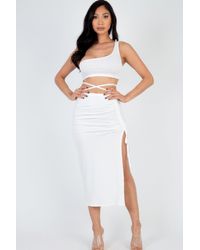 TRUEDAMES - Fashnzfab Sexy Solid Color One Shoulder Crop Top & Drawstring Ruched Crisscross Tie Back Side Slit Hem Skirt Set - Lyst