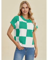 TRUEDAMES - Full Size Checkered Round Neck Short Sleeve Sweater - Lyst