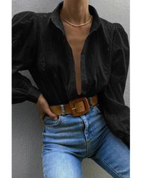 TRUEDAMES - Hollow Out Solid Button Puff Sleeves Blouse - Lyst