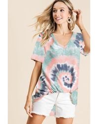 TRUEDAMES - Tie Dye Print Terry V Neck Short Sleeve Top - Lyst