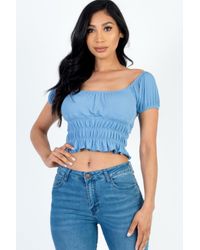 TRUEDAMES - Casual Ruched Puff Sleeve Ribbed Knit Solid Top - Lyst
