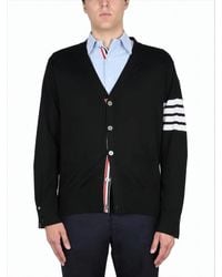 Thom Browne - V-Neck Wool Cardigan With Striped Accent Details - Lyst