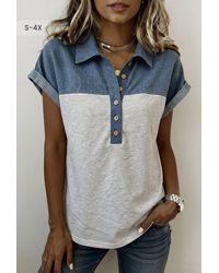 66Disco - Color Block Denim Patchwork Plus Size Polo Collar Top - Lyst