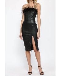 Fate - Lola Faux Leather Strapless Dress With Feather Trim In Black - Lyst